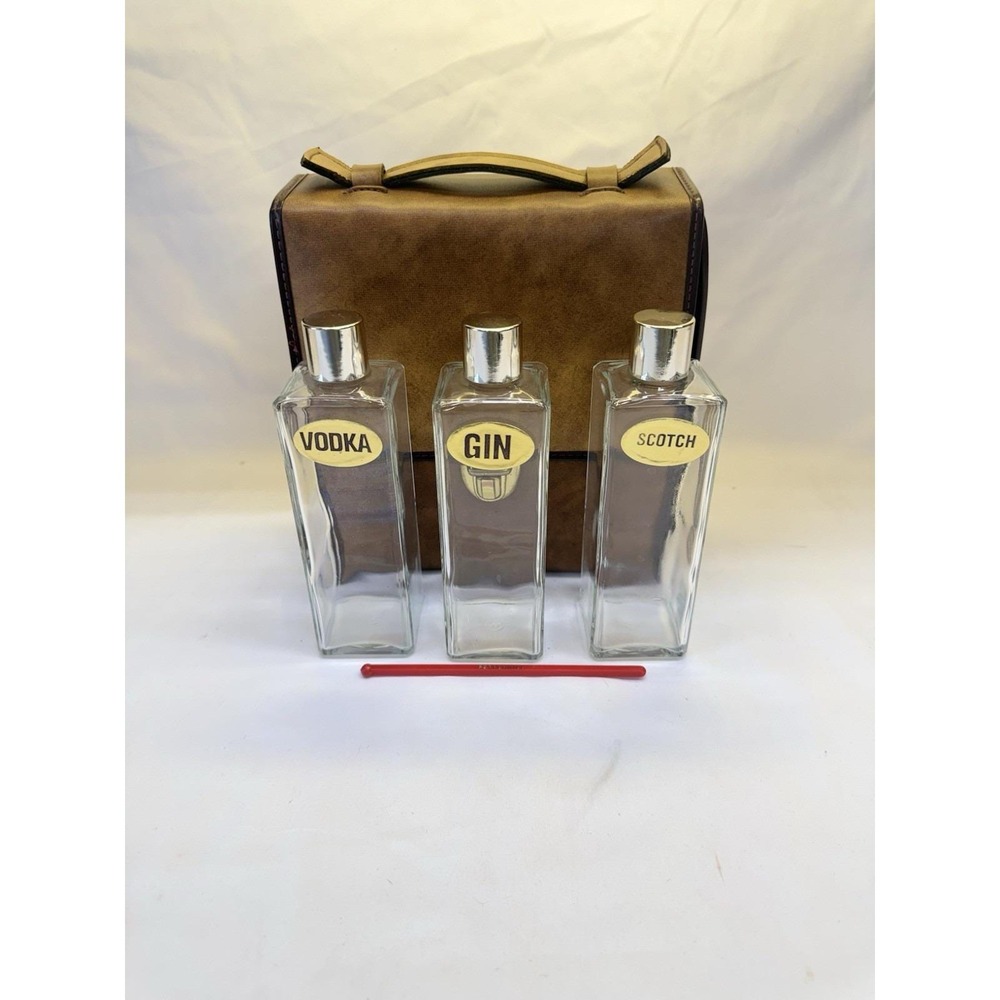 Vintage MCM Travel Bar Set Gin Scotch Vodka Decanter Bottles Leather Case